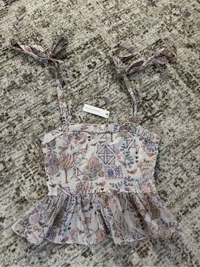 Olivaceous Floral Tie-Shoulder Peplum Crop Top - Cream, Pastel Pink & Lavender